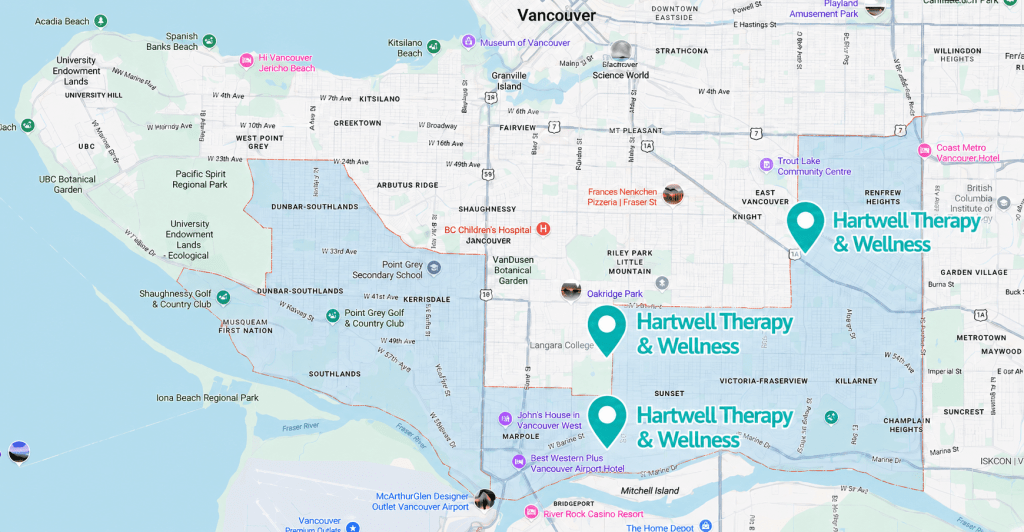 Map of South Vancouver showing Hartwell Therapy clinic locations